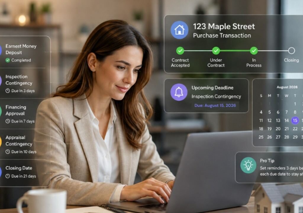 Real estate agent working on a laptop with digital overlays tracking real estate transaction due dates and contingencies.