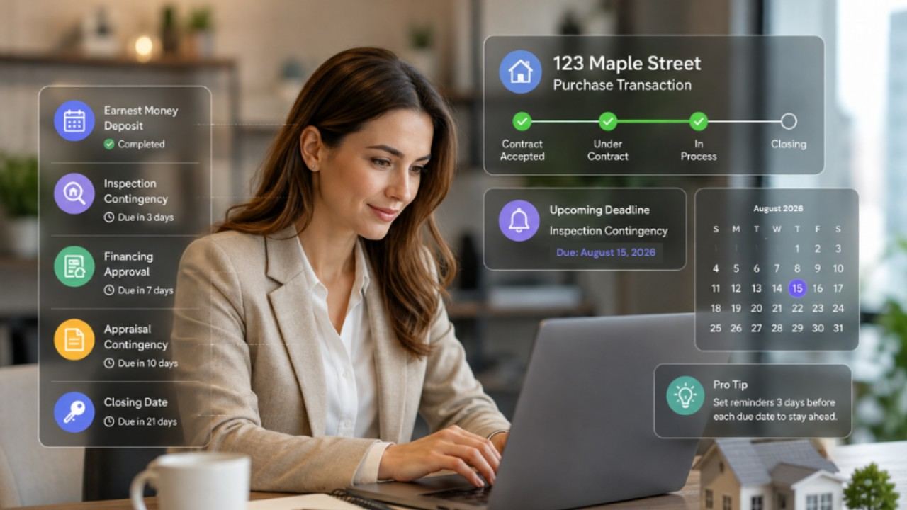 Real estate agent working on a laptop with digital overlays tracking real estate transaction due dates and contingencies.