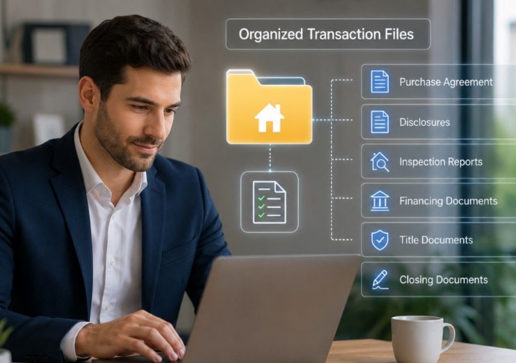 Real estate agent organizing transaction files for faster, more efficient closings.