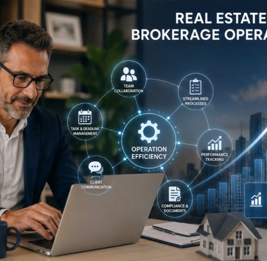 Professional working on a laptop with overlay icons showing real estate brokerage operations to scale business growth.