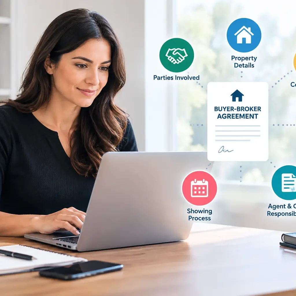 Real estate agent reviewing a buyer-broker agreement infographic with key components like compensation terms and duration.