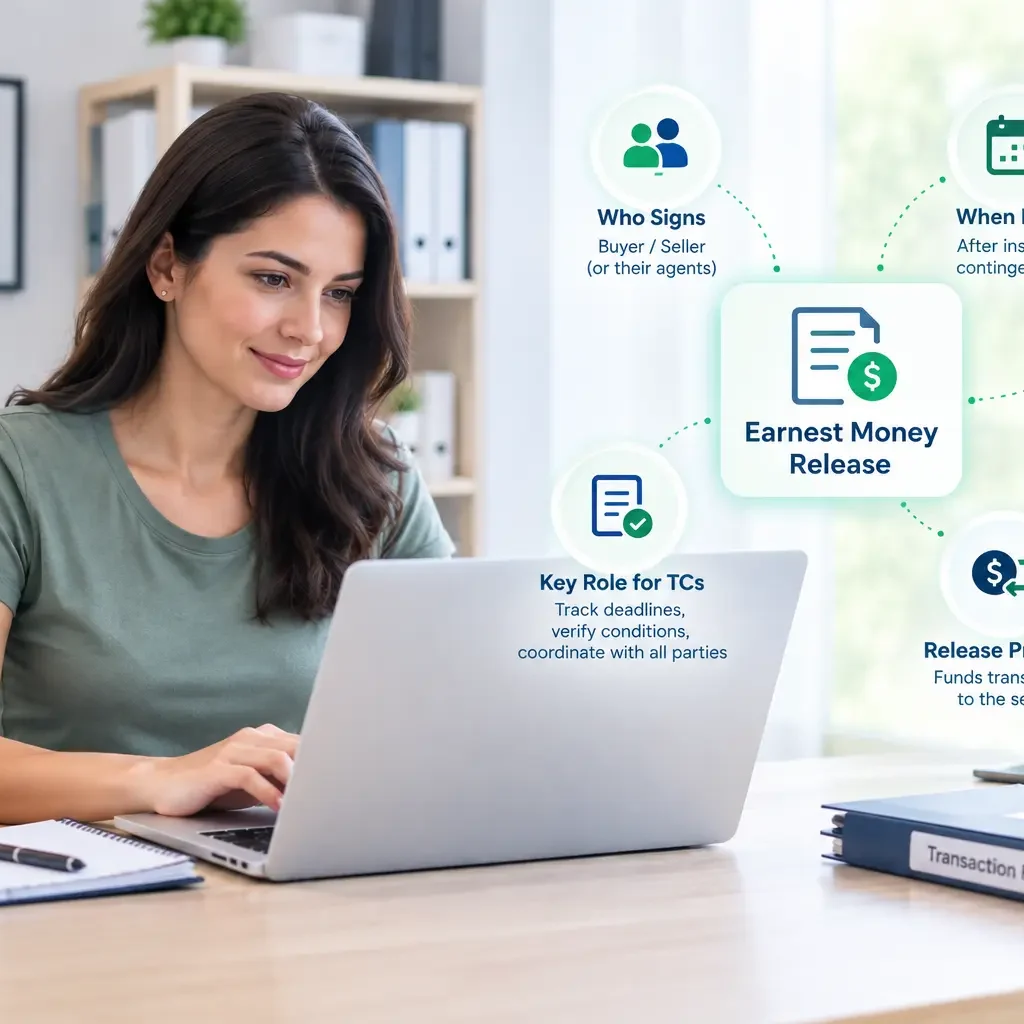 Earnest money release in real estate with icons for signatures, deposit, and transaction coordination.