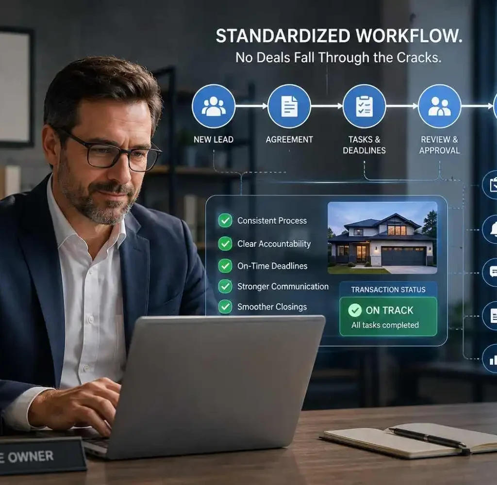 Brokerage owner using a standardized workflow to prevent real estate deals from falling through the cracks.
