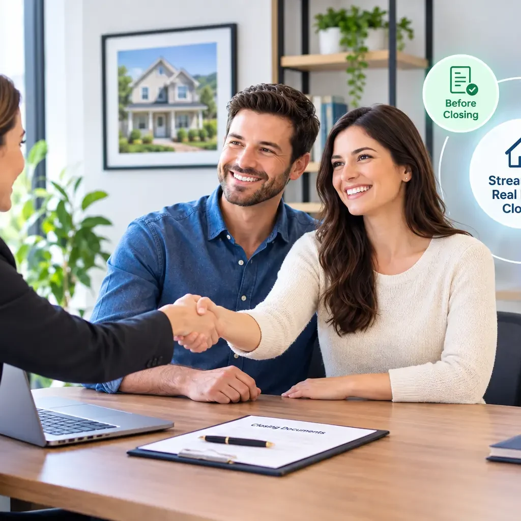 Agent shaking hands with happy clients after a successful closing with a real estate closing checklist.