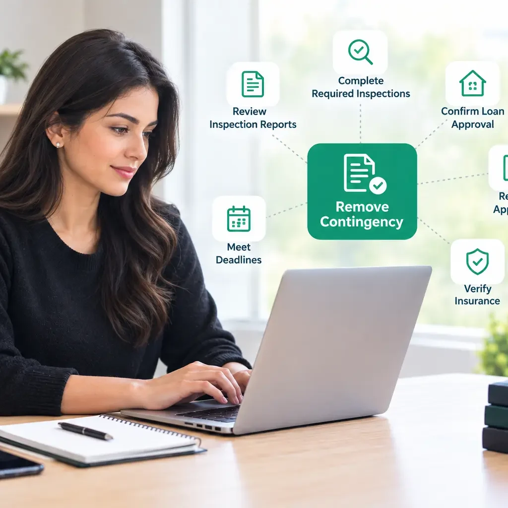 Transaction coordinator working on a laptop with an overlay icon showing real estate contingency removal.
