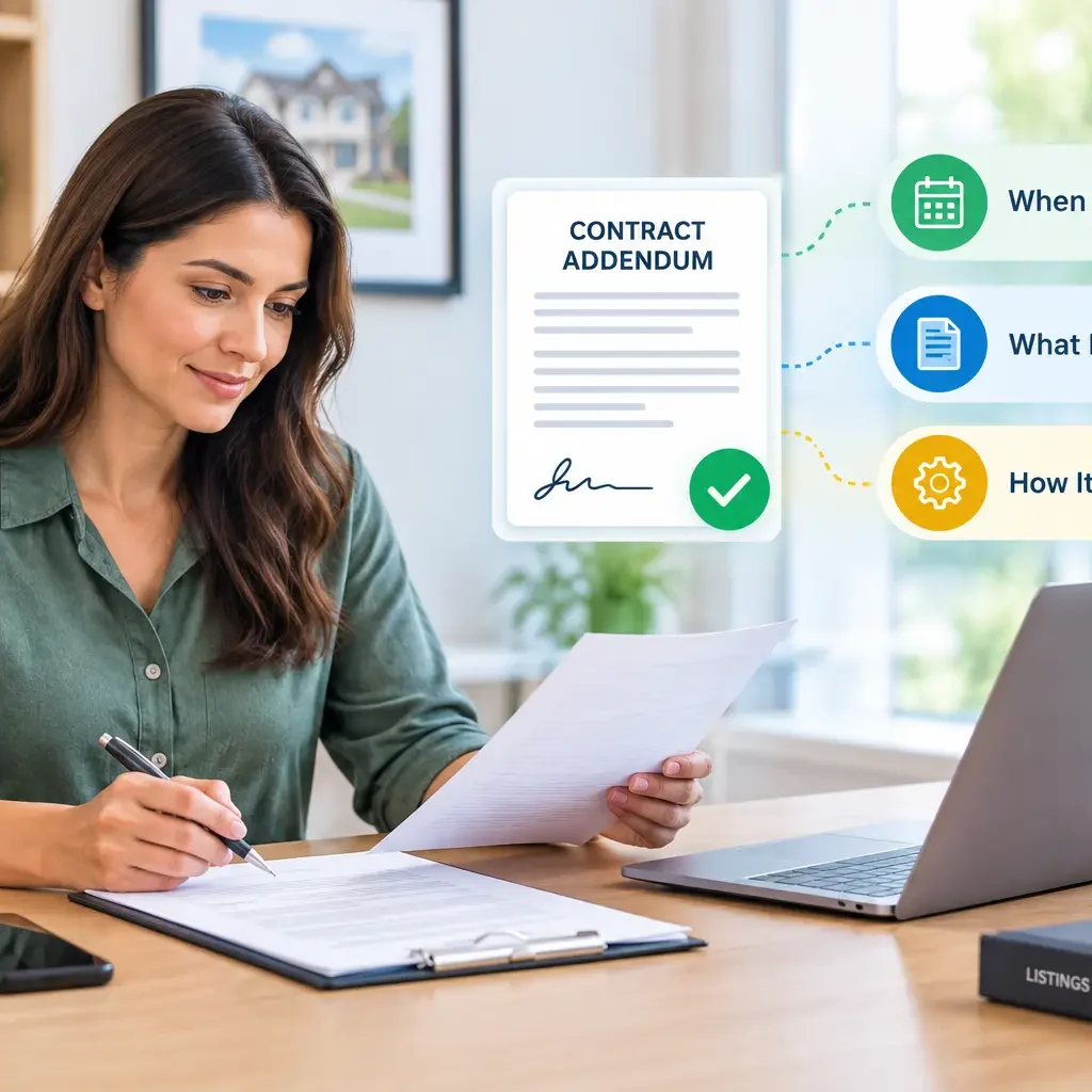 Professional reviewing real estate contract addendum documents.