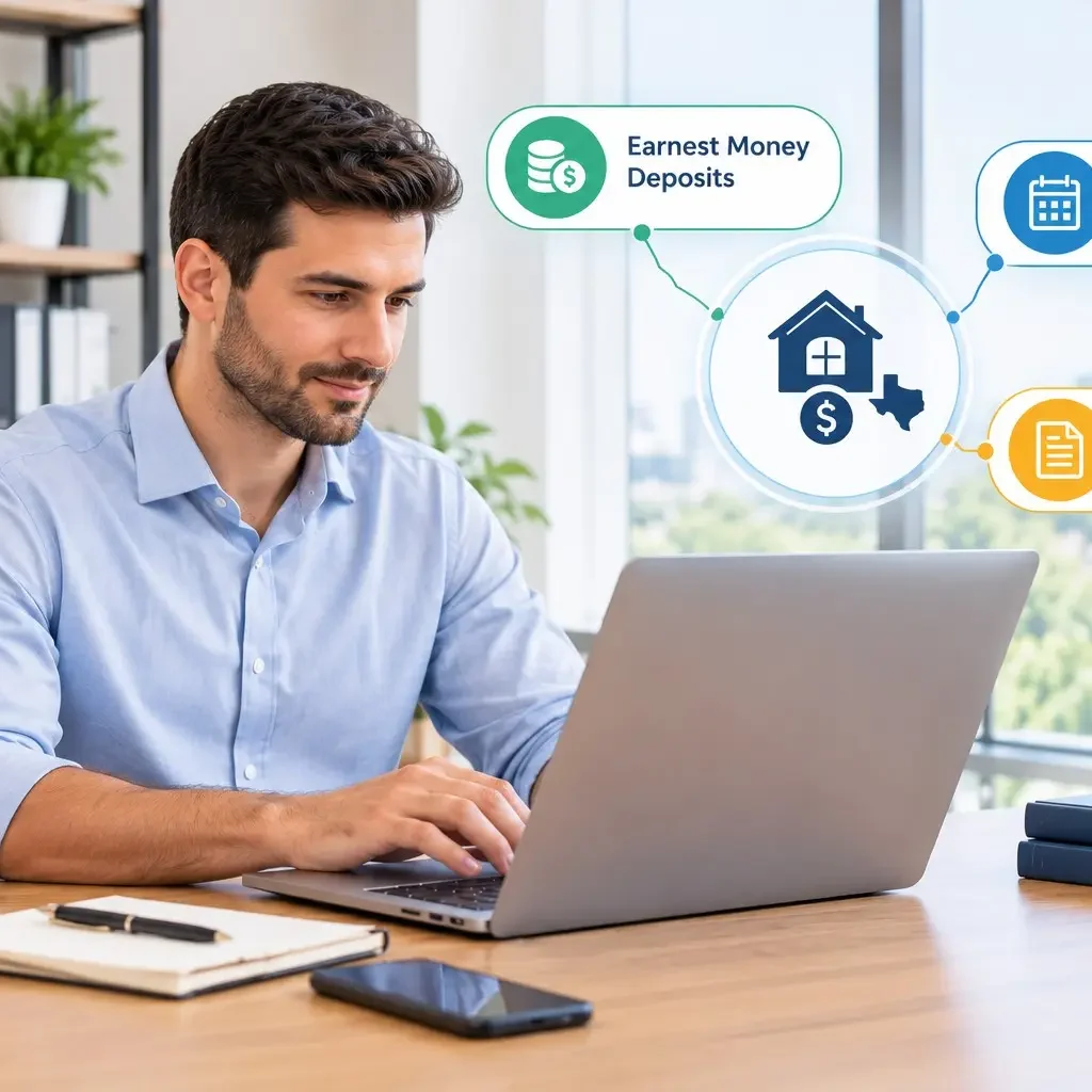 Real estate agent reviewing Texas earnest money deposits, deadlines, and documentation.