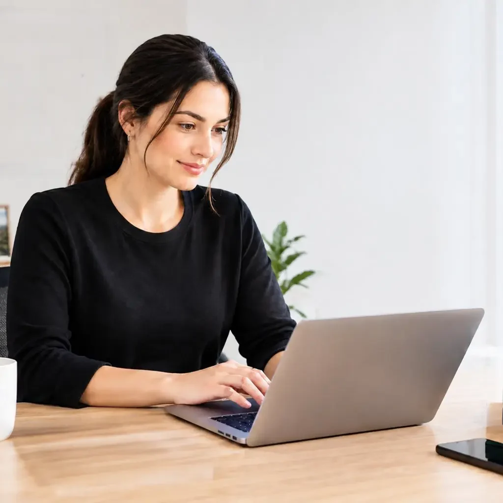 Transaction coordinator working on a laptop at her desk, setting up a real estate TC business.