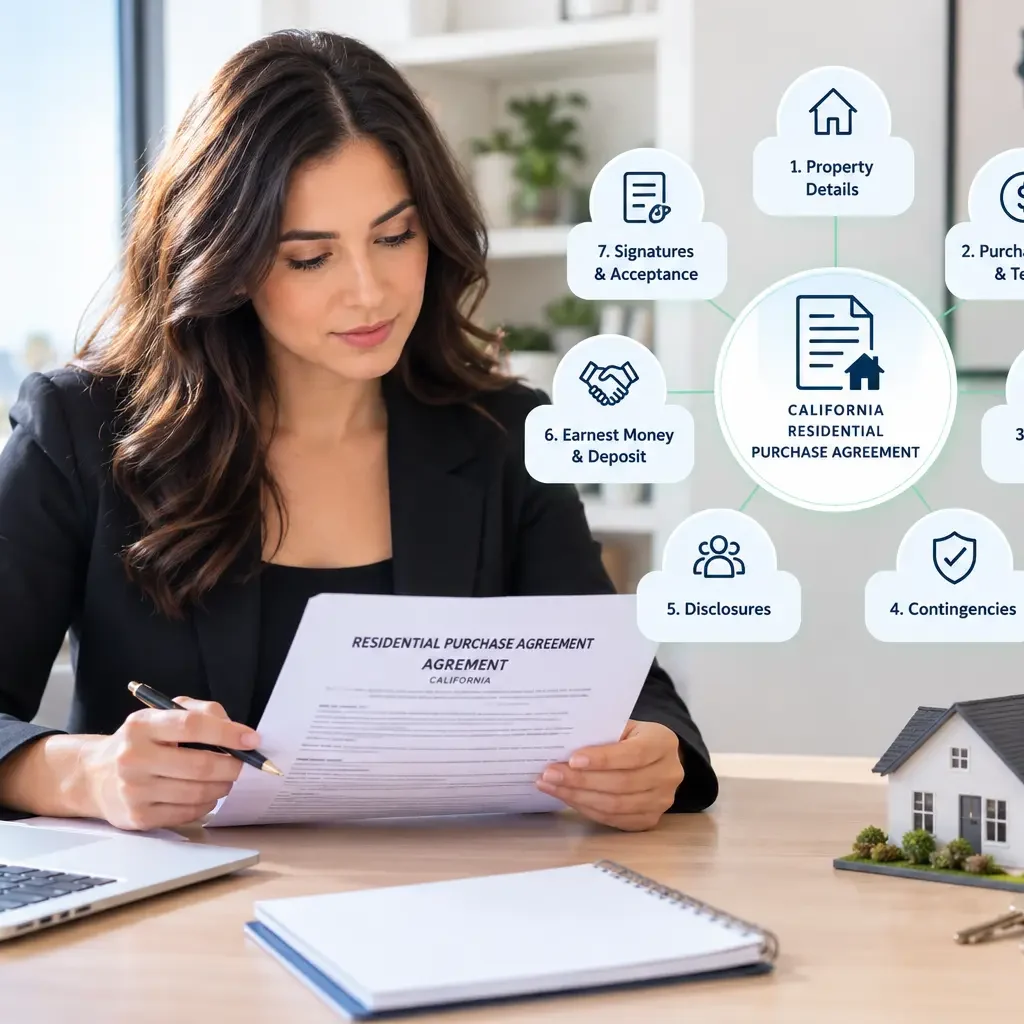California Residential Purchase Agreement reviewed by a real estate agent highlighting key contract details.